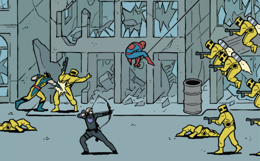 Wolverine, Hawkeye, and Spider-Man in 'Hawkeye' #6. Art by David Aja.